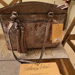 Patricia Nash Tooled Poppy Tote Grey Bark Leaves